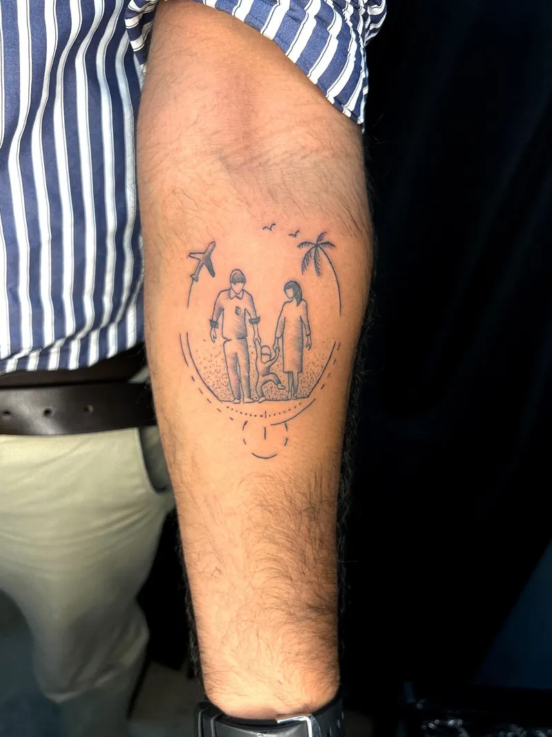 Family memory silhouette linework tattoo